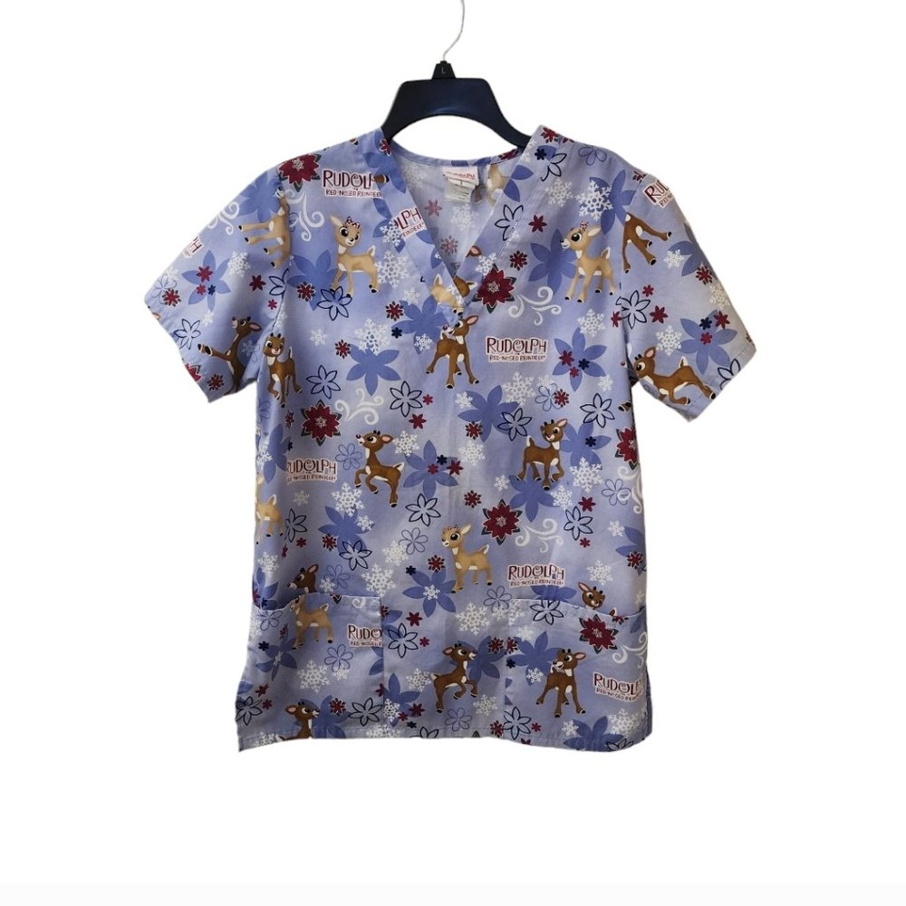 Rudolph the Red Nosed Reindeer Blue Christmas Scrub Top Size Small